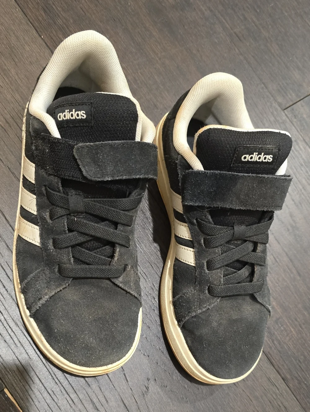 adidas Kids Black Suede Sneakers with Cream Stripes and Sole